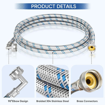 TICONN 6FT Washing Machine Hoses Set, 2 Pack EPDM Braided Stainless Steel Burst-Proof Hoses with 90 Degree Elbow
