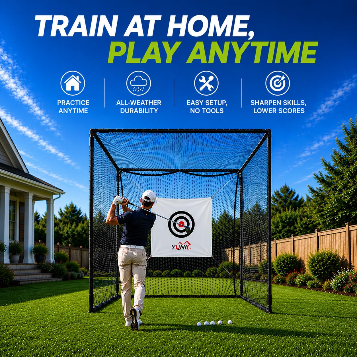 YUNIC Golf Driving Cage with Steel Frame, Golf Nets for Backyard Driving for Full Swing and Chipping Practice Indoor Outdoor (Black, 8'(W) x8'(H) x5'(D))