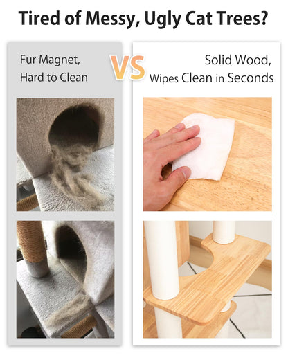 PETTIFUL Wood Cat Tree for Large Cats, 62-Inch Tall Modern Cat Tower with Condo & Scratching Posts - Easy to Clean, Heavy-Duty, Furniture-Grade Design for Stable Climbing, Eco-Friendly (White 62'')