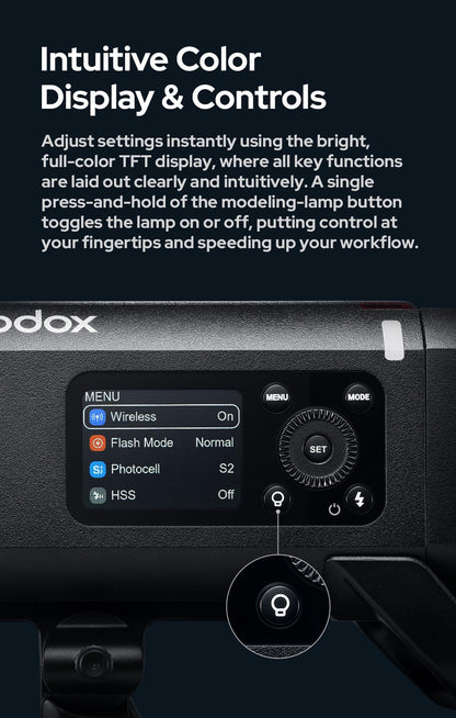 Godox AD400 Pro II AD400Pro II AD400ProII Flash, GN72 One-Tap Sync with X3/30W Bi-Color Modeling Lamp/Color Screen/16 Color Groups Indicator/Freeze Mode/460 Flashes/1/512~1/1 (with ± 0.1 Increment)