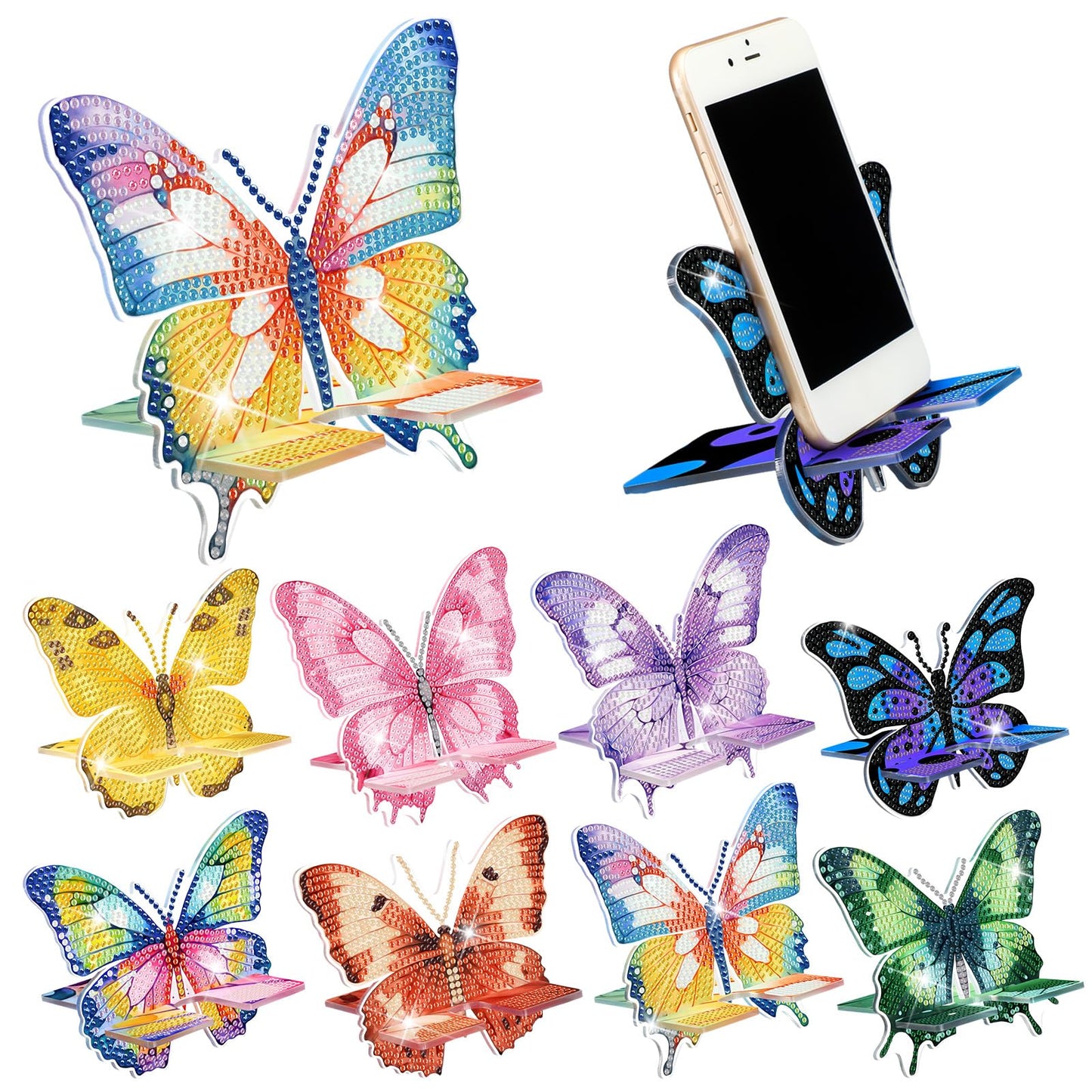 Kenning 8 Pcs Butterfly Diamond Painting Cell Phone Stand DIY 5D Full Crystal Acrylic Spring Diamond Art Phone Holders Kits for Beginner Adult DIY Craft Butterfly Lover Gifts