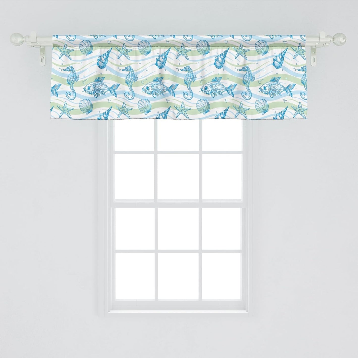 Ambesonne Nautical Window Valance 54" X 18" Marine Ocean Pattern Curtain for Kitchen Bedroom Decor, Mint Blue