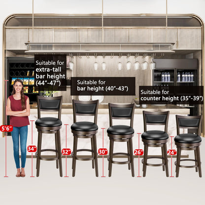 PrimeZone Swivel Bar Stools Set of 4, 24 Inch Counter Height Barstools, Black Faux Leather Bar Stool with High Backrest & Solid Wood Leg & Wrap-Around Footrest, Counter Stools for Kitchen Island, Pub