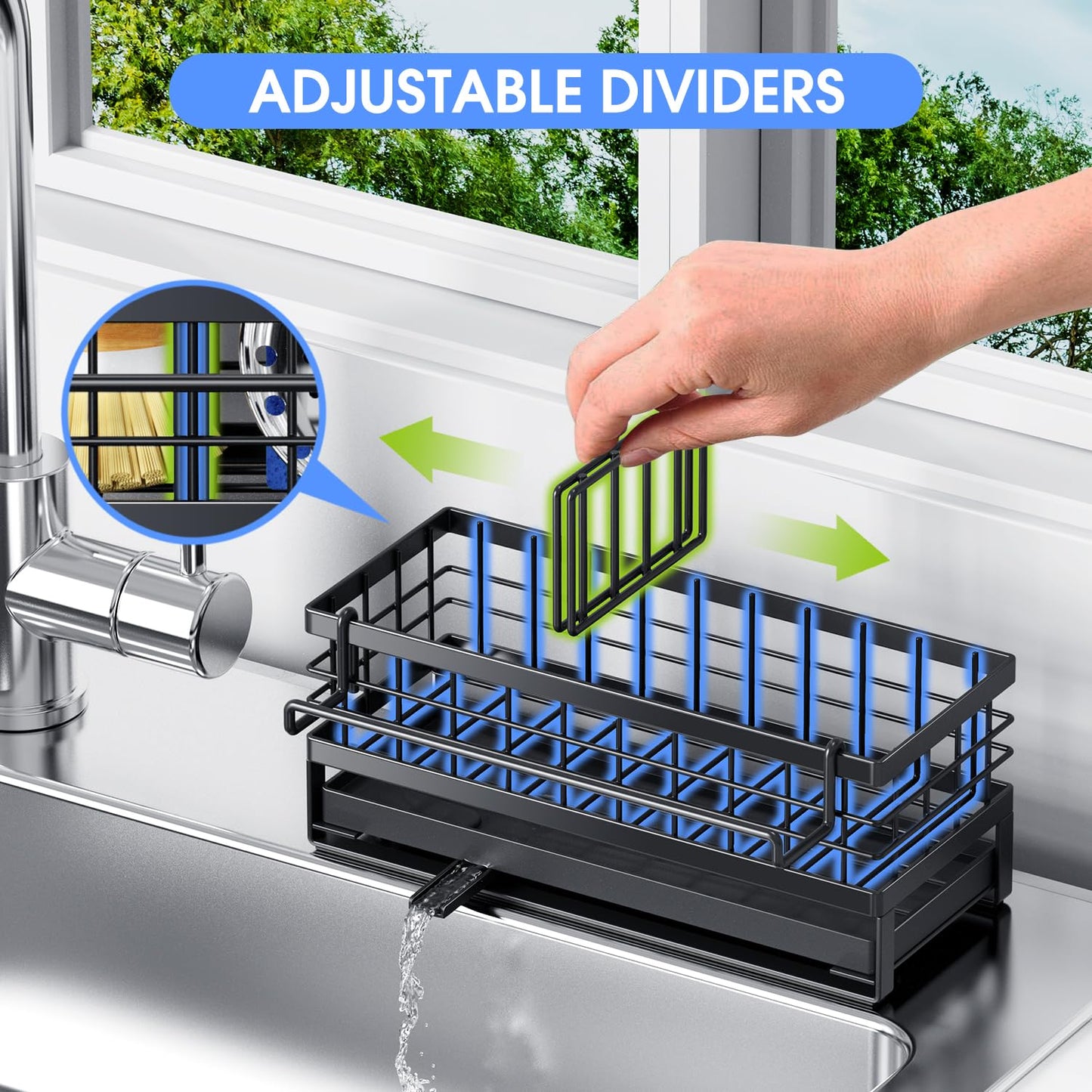 DYFVREN Kitchen Sink Sponge Holder, Rustproof Non-Slip Self-Draining Metal Sink Caddy with Detachable Dish Cloth Holder (Black)