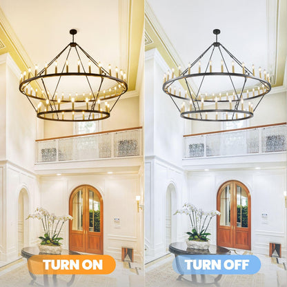 WJShome 60" Wagon Wheel Chandelier, 2 Tiers 54-Light Large Farmhouse Foyer Chandelier for High Ceilings, Round Black and Gold Pendant Light Fixture, for Entryway, Dining Room, Staircase