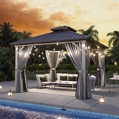 Aoxun 12'x12' Hardtop Gazebo, Metal Frame Canopy with Double Galvanized Steel Roof, Outdoor Metal Pavilion with Netting, Curtains for Backyard, Patio and Deck