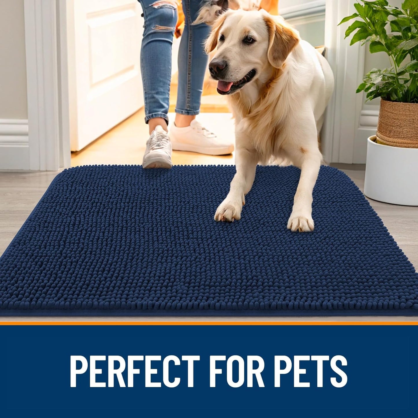 OLANLY Dog Door Mat - Absorbent Non-Slip Chenille Mat for Muddy Paws | 70x46 Dark Blue Indoor Carpet