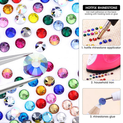 24 Colors Hotfix Rhinestones Kit, SS30 Glass Flatback Crystals for Clothes, Hats, Shoes & Crafts with 4 Tools, Tweezers, Wax, Pencil, Spoon hot fix kit（Color B）
