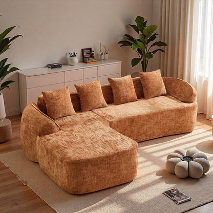 Trygoal L Shaped Compression Sofa, Modular Couch with Curved Armrests & 4 Coordinating Pillows, Modern 101'' Chenille 4 Seater Sofa with Wide Seat for Living Room, Bedroom, No Assembly, Orange