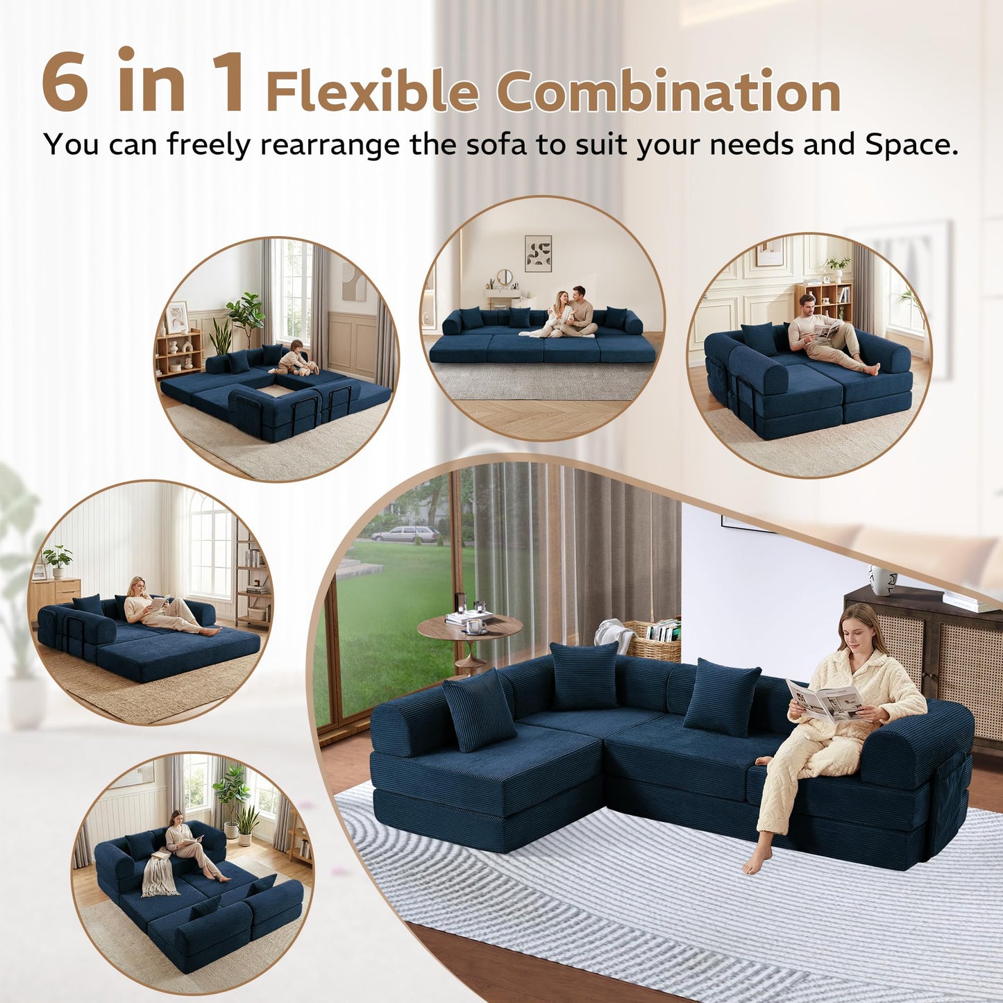 Trygoal 142" Oversized Modular Sectional Sofa Bed, 7-in-1 Convertible Corduroy Cloud Couch with Storage Bag & Reinforced Frame, Deep Seat Sectional Couches for Living Room, Tool-Free Assembly, Blue
