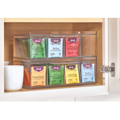 iDesign XL Tea Bag Organizer for Counter, 4-Section Clear Stackable Tea Storage Drawer for Cabinet