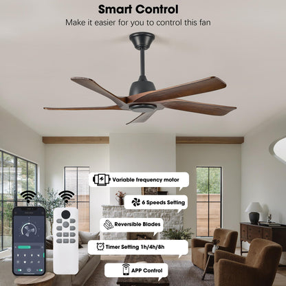 LVYEAYOU 52 Inch Solid Wood Ceiling Fan No Lights, Remote and APP Control, DC Motor, 6-speed Reversible, for Bedroom, Living Room, Office, Dark Walnut