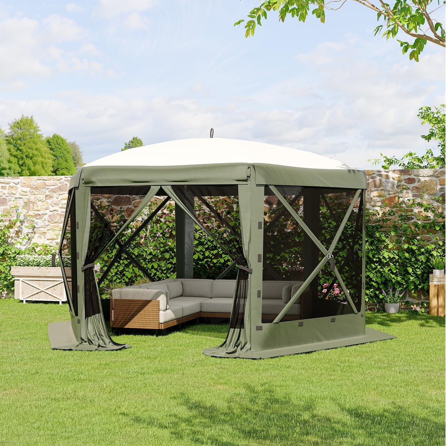11FT Pop Up Canopy Tent with Mesh Screens – Hexagon Shelter, 6 Side Walls, 210D Polyester, 9.5mm Steel Frame, 230cm Height – Outdoor Camping Gazebo for Beach, Garden, Party, Events