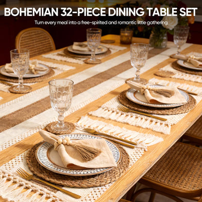 Swiscena 32 Pcs Boho Placemats Table Setting Set (6 Sets),Hand-Woven Natural Water Hyacinth Mats,Cloth Napkins,Napkin Rings,Linen Runner,Storage Basket&Coasters,Boho Kitchen Decor Dining Table Decor