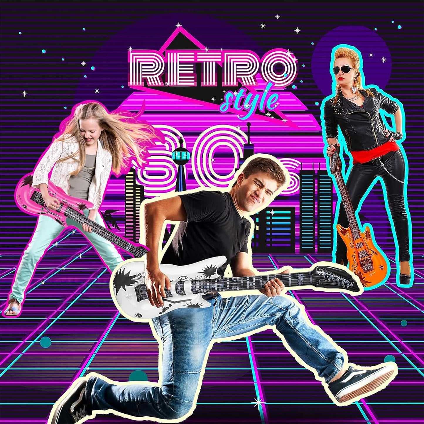 24 Set 80s 90s 12 Pcs Inflatable Guitars for Parties Bulk Blow Rock Star Guitar Rock and Roll Party Decorations Photo
