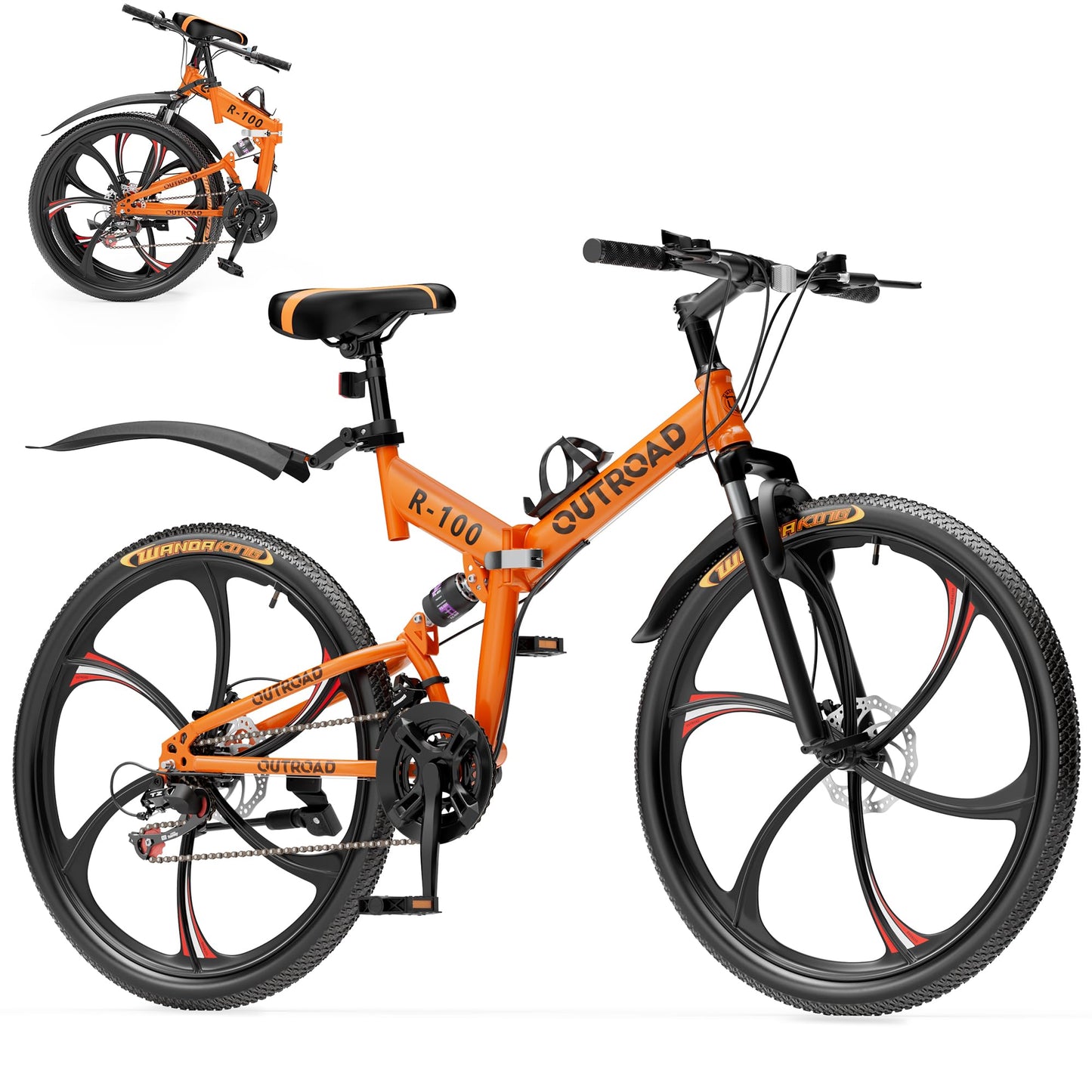 MarKnig 26 Inch Adult Folding Bikes/Mountain Bikes, 21 Speeds Mountain Bicycles with Full Suspension, Dual Disc Brake, High Carbon Steel Frame, Foldable Bike for Men/Women/Teen, HM-Orange