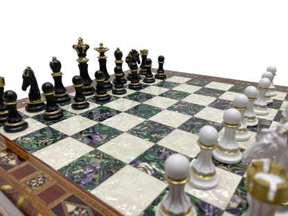 Antochia Crafts 16.5 Inches Large Chess Set - Wooden Chess Board with Mosaic Details and Legendary Hand Painted Luxury Chess Pieces (Green)