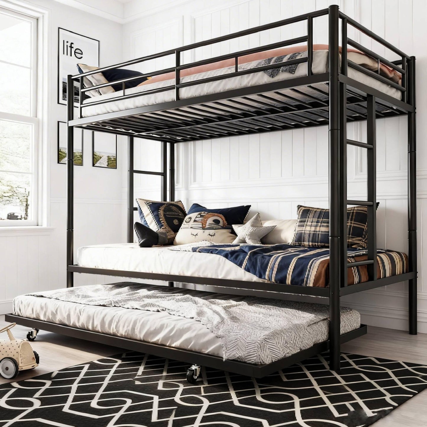 SUNLEI Metal Bunk Beds with Double Secured Ladders, Twin Bunk Bed with Surrounded Safety Guardrails, Space Saver Twin Beds, Noise Free for Small Bedroom, with Trundle Function, Solid Black