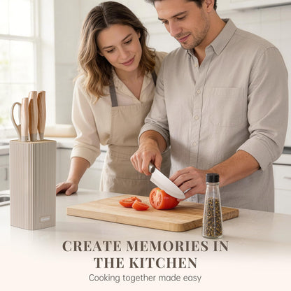 Astercook Knife Set, 6-Piece Kitchen Knife Set with Block, High Carbon Stainless Steel Ultra Sharp Kitchen Knives, Wood Grain Handle, Dishwasher Safe Knife Block Set, Khaki, Mothers Day Gifts