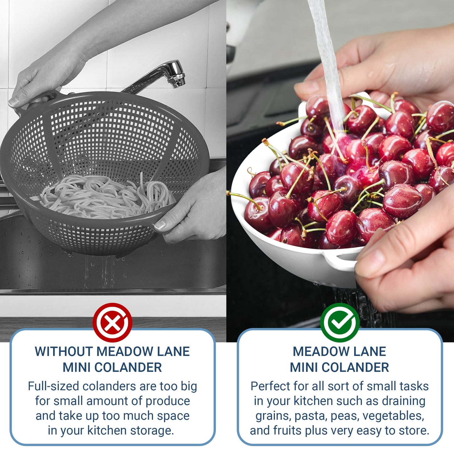Meadow Lane 6-inch Small Colander, BPA-Free, Dishwasher Safe, Double Handles, Compact Food Strainer for Berries, Veggies and Pasta, 3-Cup Capacity, Smooth White
