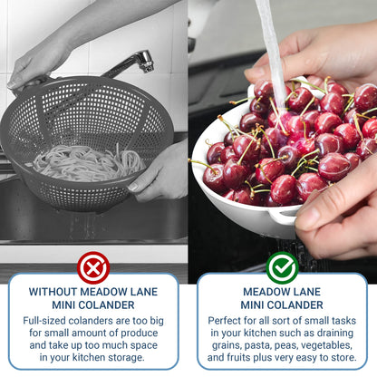 Meadow Lane 6-inch Small Colander, BPA-Free, Dishwasher Safe, Double Handles, Compact Food Strainer for Berries, Veggies and Pasta, 3-Cup Capacity, Smooth White
