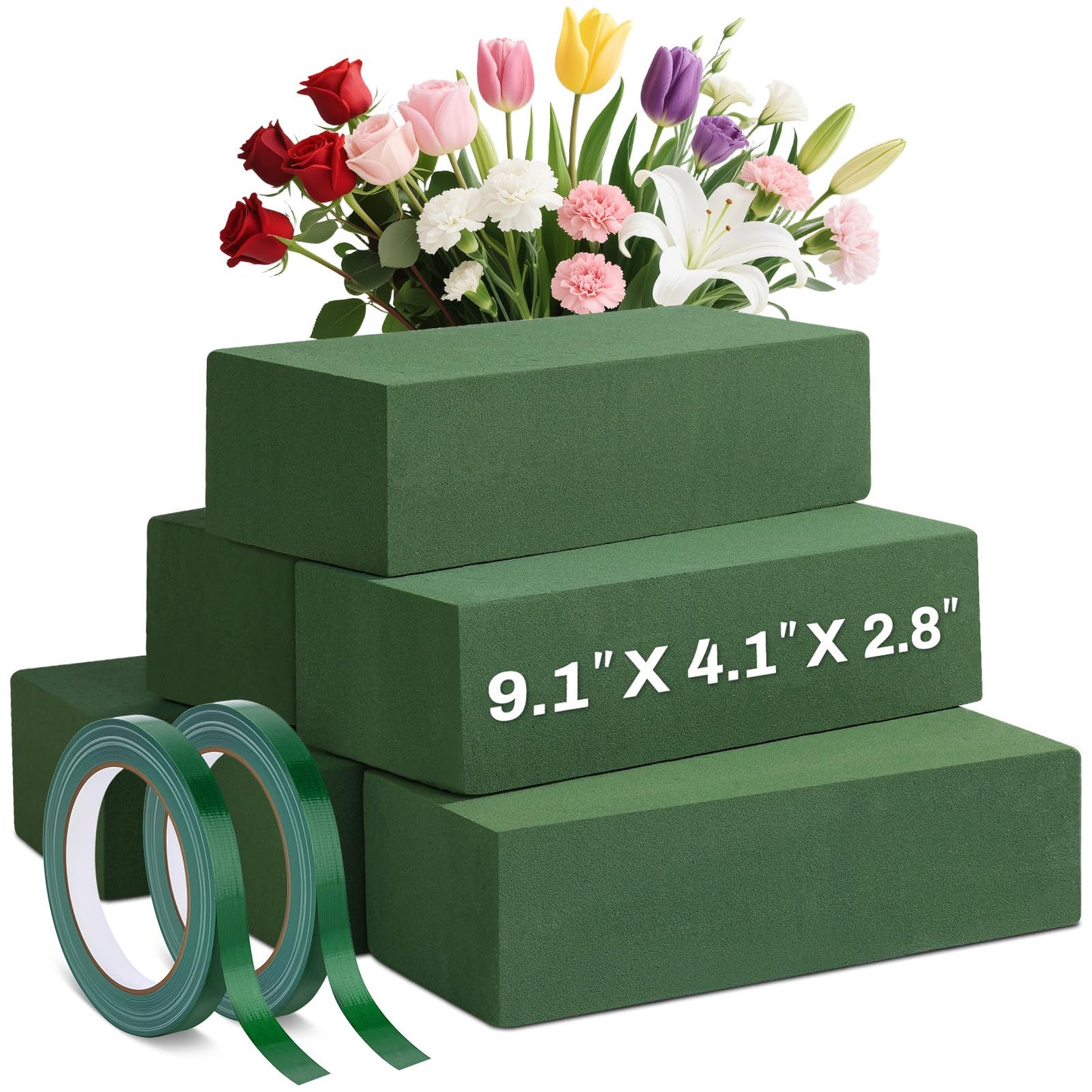 MAPVOLUT 6 Pack Green Floral Foam Blocks (9.1"x4.1"x2.8") + 2 Rolls Waterproof Floral Tape | Wet & Dry Flower Arrangement Foam for Fresh/Silk Flowers, DIY Crafts, Weddings, Centerpieces