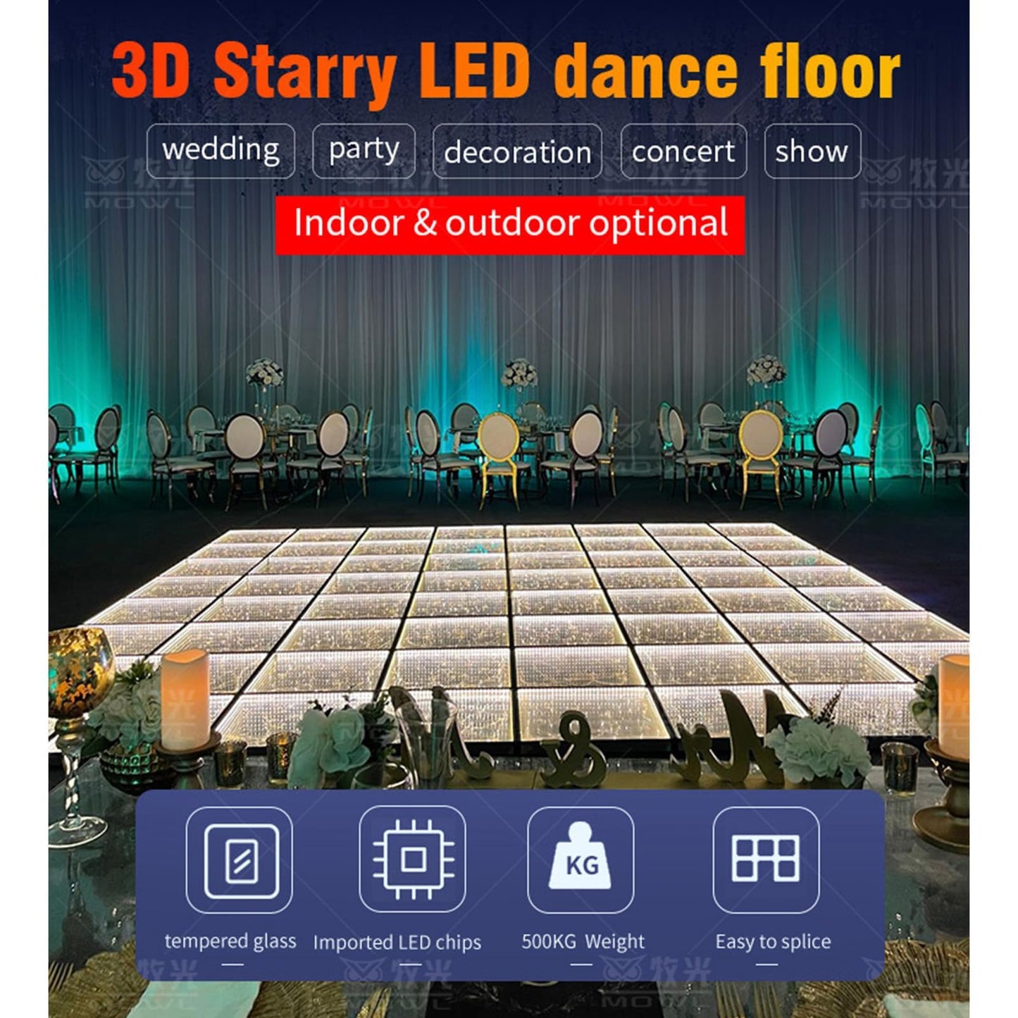 MOKA SFX 3D Mirror Gold Led Dance Floor Panels with Filght Case Nightclub Decoration Wedding Party Dancing Floor Tiles 8.2ft x 8.2ft 25pcs/lot (Magnetic)