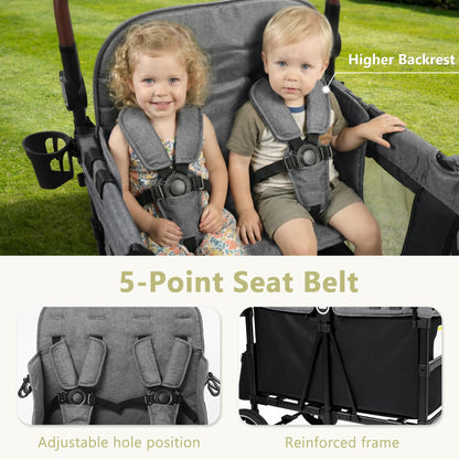 Kinder King Wagon Stroller for 4 Kids, All-Terrain Foldable Outdoor Stroller Wagon 4 Seater, Removable Canopy, Adjustable Handle, Detachable Tray, Black&Grey