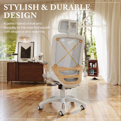 GABRYLLY Ergonomic Office Chair, High Back Home Desk Chair with Flip-Up Arms, Headrest, 90-120° Tilt and Wide Cushion, 300LBS White Mesh Chair for Work Gaming Study (GY01-NT, Woodgrain Pattern)