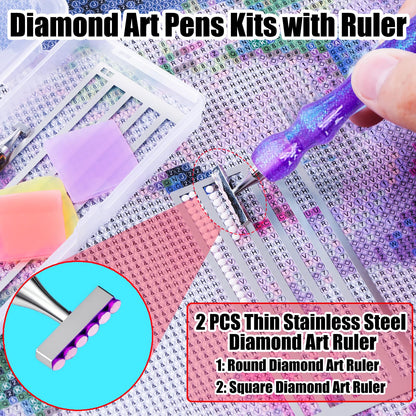 LEIYULY 12 PCS Diamond Art Pen with Ruler, 1,7 Beads Stainless Steel Nibs and Square & Round Diamond Art Ruler, Ergonomic Diamond Art Pen, 5D Diamond Painting Pens Tools, Diamond Art Kits for Adults