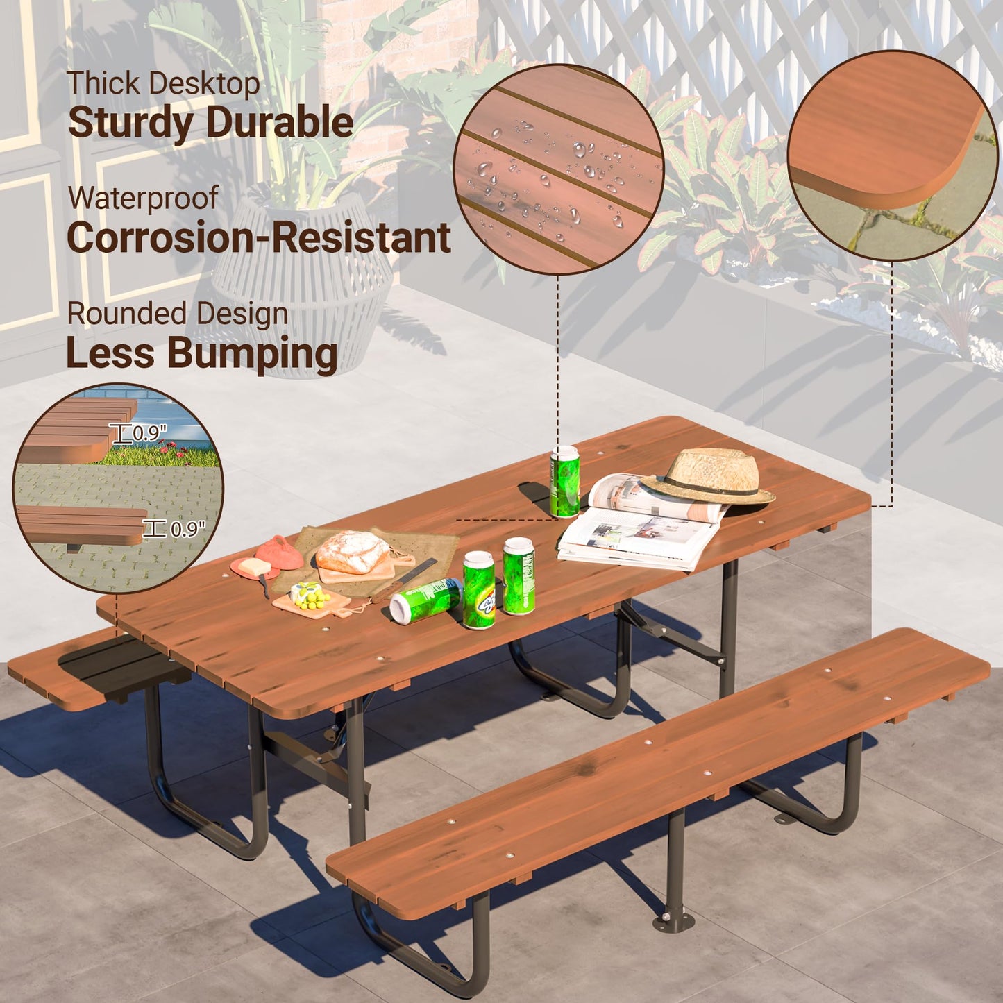 72" Rectangular Outdoor Picnic Table for 6 Person,Heavy Duty Wooden Dining Set with Built-in Benches,Metal Legs,1.97" Umbrella Hole,Waterproof&Corrosion-Resistant,Ideal for Garden, Backyard,Brown