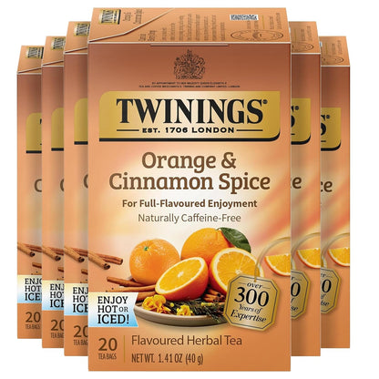 Twinings Herbal Tea - Orange & Cinnamon Spice, Naturally Caffeine-Free, 20 Individually Wrapped Bags (Pack of 6)