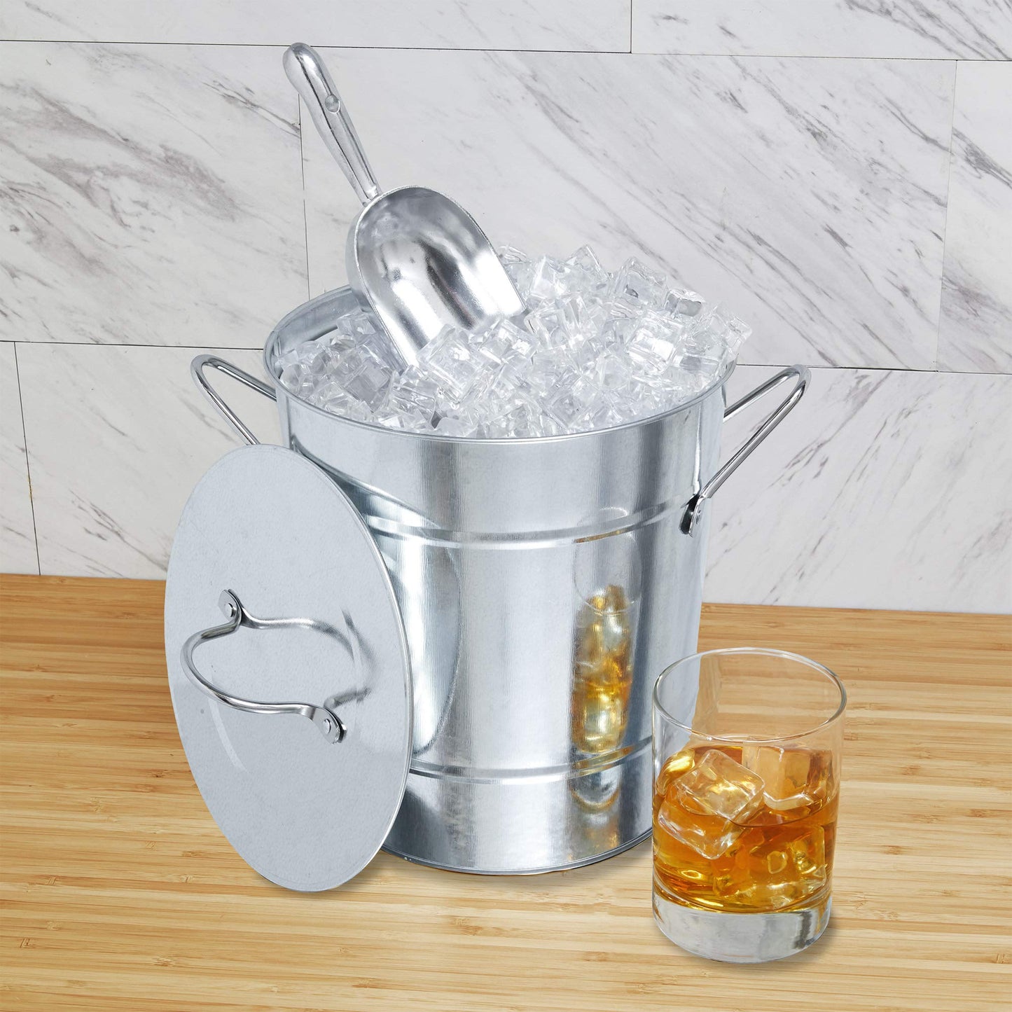 Twine Insulated Ice Bucket with Lid, Scoop & Handles for Beer, Wine, Champagne, Beverages, 1 Gal Galvanized Metal Bucket, Steel Ice Container for BBQs, Indoor & Outdoor Party Supplies, Bar Accessories