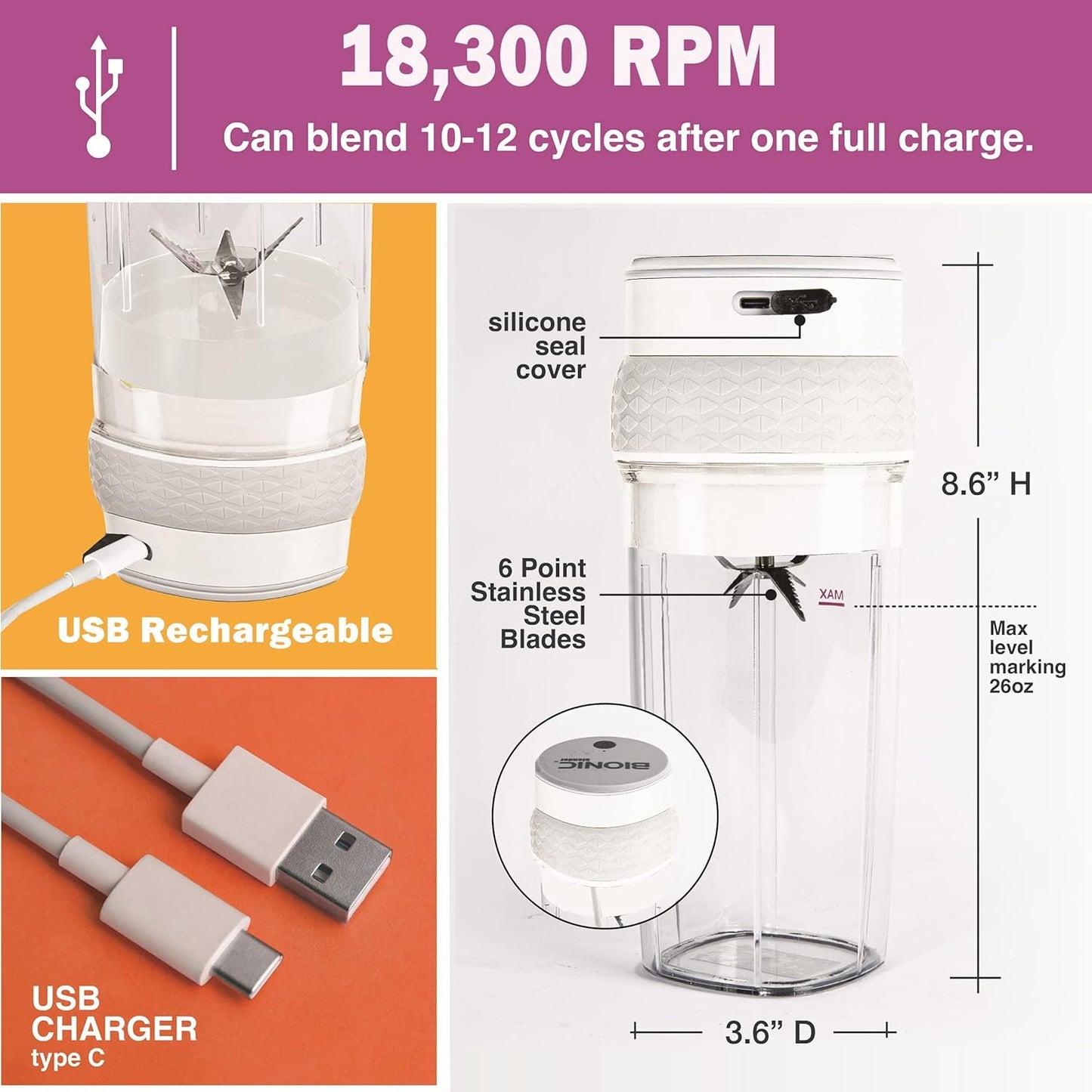 Bionic Blade Personal-Sized Blender 26 oz., BPA-Free, Rechargeable, 18,000 RPM Portable Blender for Shakes and Smoothies