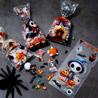 Confettiville Halloween Treat Bags, 200-Pack Cellophane Candy Goody Bags for Party Favors, Twists Included, 10.6 x 4.9 Inches, Creepy Cuties Collection