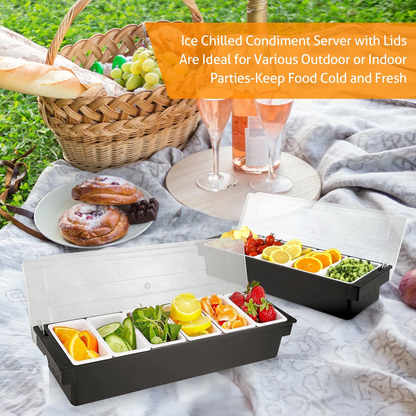 WICHEMI Fruit, Veggie & Condiment Caddy with Lid Dispenser Tray Garnish Station for Bartending & Serving Taco, Ice Cream, Salad Bar - Topping Organizer for Restaurant Supplies (6 Compartment, 2 Pack)