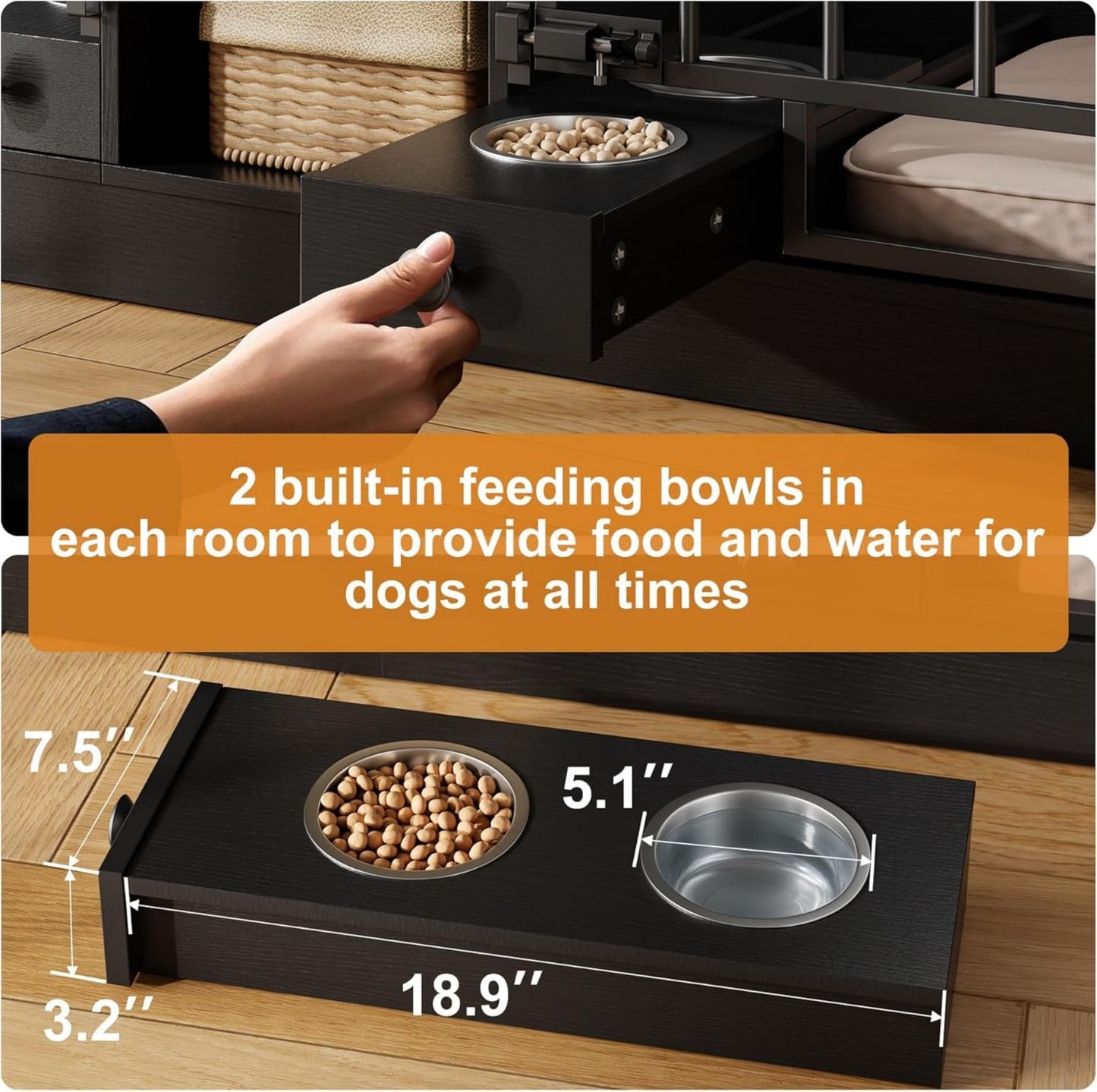 GAOMON Dog Crate Furniture for 2 Dogs, 78.7'' Large Dog Kennel Indoor with 2 Storage Drawers, 3 Shelves and Feeding Bowls, Double Dog Crate TV Stand for Small and Medium Dogs, Black