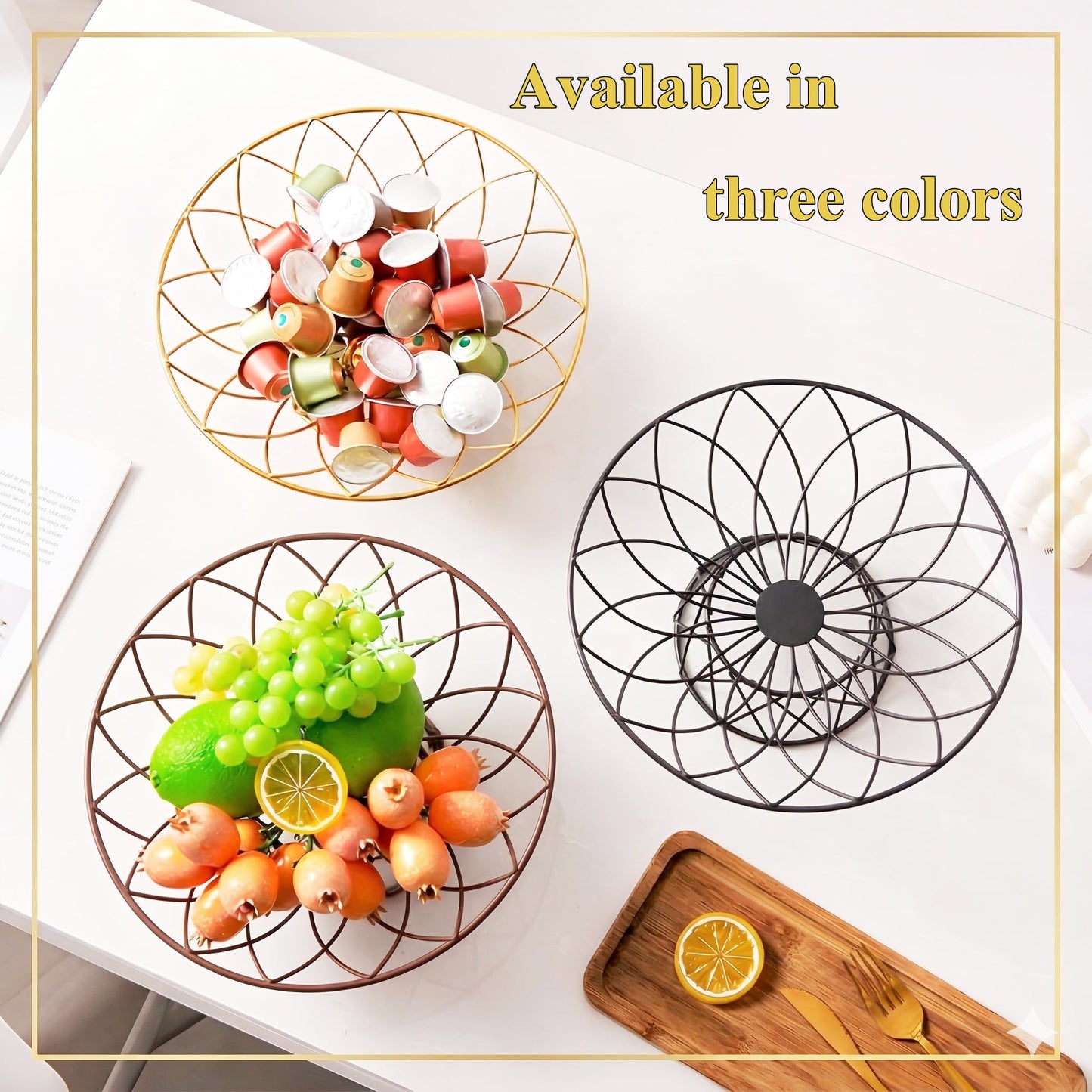 AIYICIII Large Metal Wire Fruit Bowl, 12-inch Round Mesh Fruit Basket for Kitchen Countertop, Modern Decorative Bread Vegetable Storage Holder Organizer, Sleek Black Iron Art(Black)
