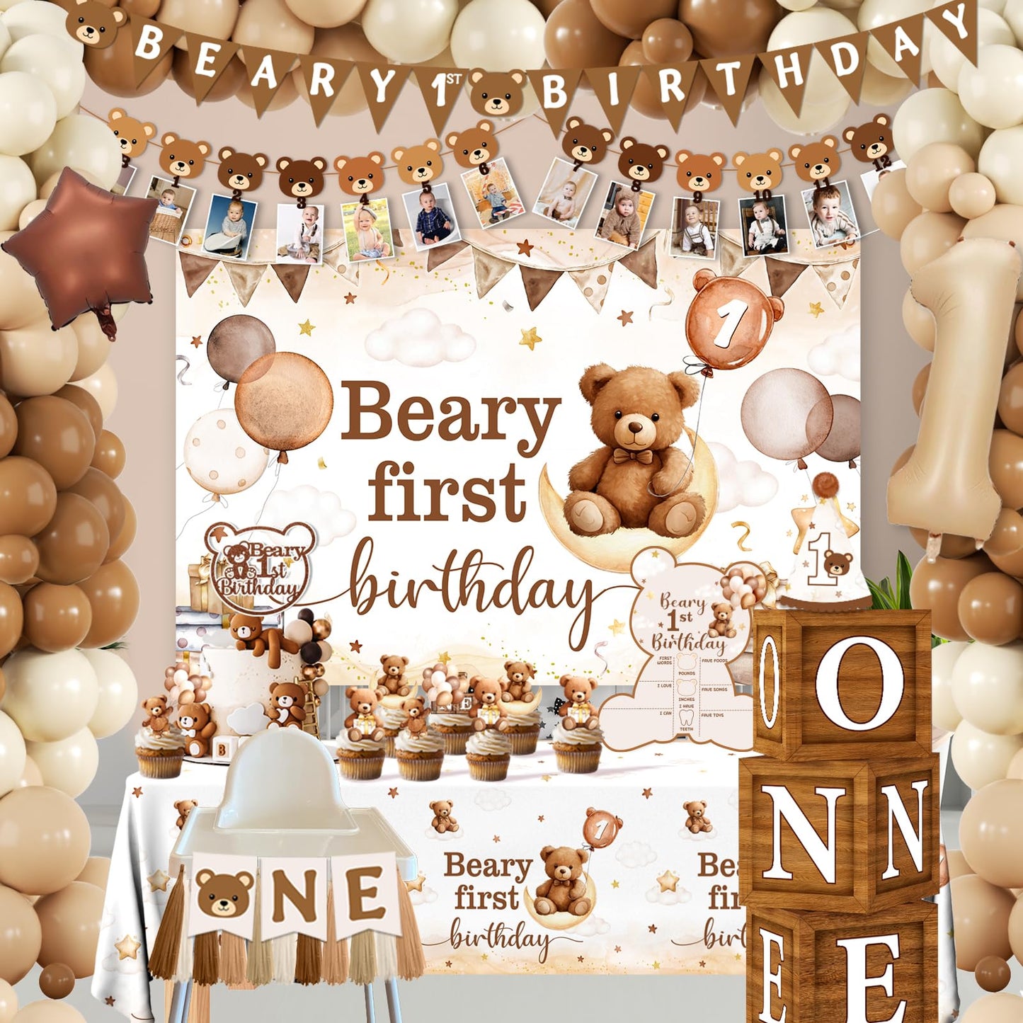 Beary First Birthday Decorations,147pcs Bear Birthday Decorations Brown Bear Birth Day Banner Backdrop High Chair Banner Tablecloth Cake Topper Box Balloon Garland for My 1st birthday Decorations