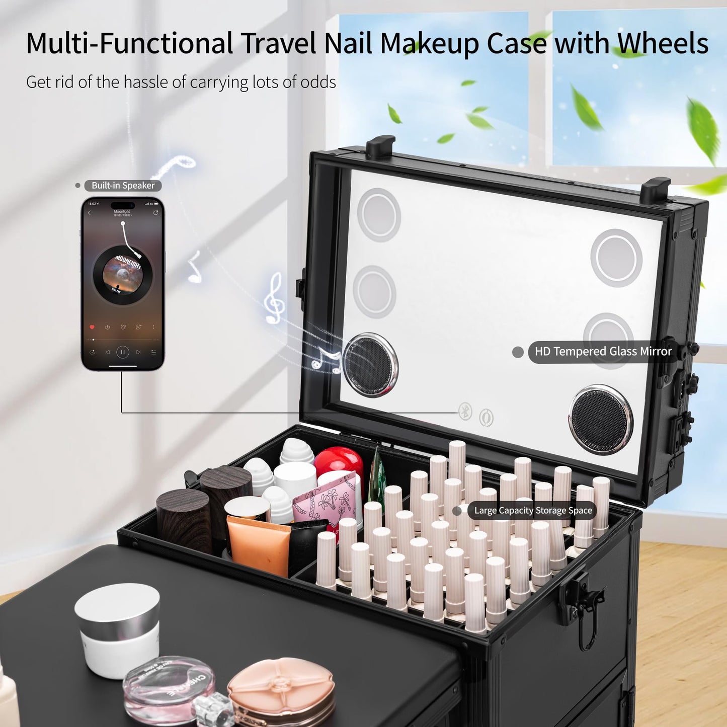 ZhenGuiRu Portable Manicure Table 3 Drawers, Rolling Lockable Makeup Train Case with Blueteeth Speaker and Nail Polish Organizer, Foldable Nail Desk with Mirror & TSA Lock for Nail Tech and Salon Use