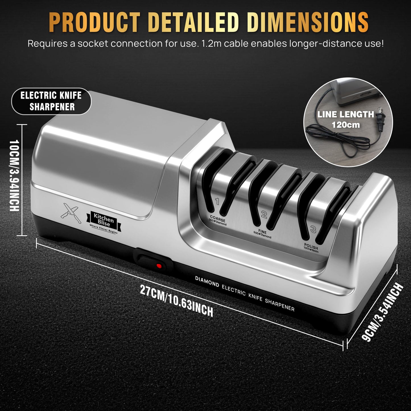 KITCHEN BLISE Electric Knife Sharpener for Kitchen—Fast Sharpening to Restore and Polish Chef Straight and Serrated Knives with 3 Stages & 20° Angle System with Metal Dust Box