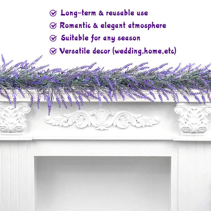 HUZIYAHAN Spring Summer Lavender Garland, 6Ft Purple Lavender Artificial Garland, All Year Lavender Garlands for Farmhouse Wedding Mantle Arch Porch Stair Table Indoor Door Home Decor (1)