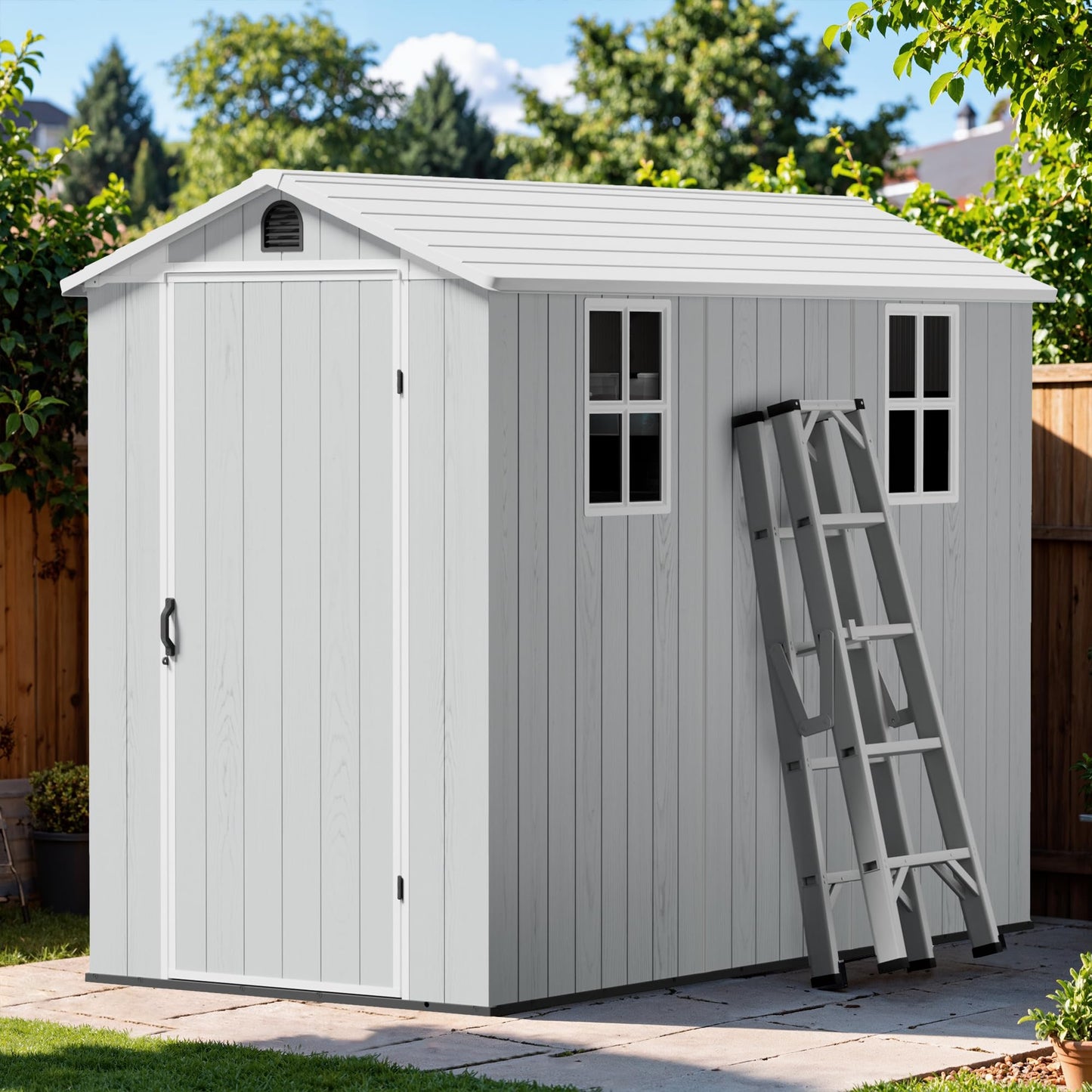 Greesum 4x8FT Plastic Storage Shed with Floor, Resin Outdoor Storaged Sheds with Lockable Door, All Weather Tool Shed with Window and Vent, Easy Assembly for Garden, Patio, Backyard, Light Gray