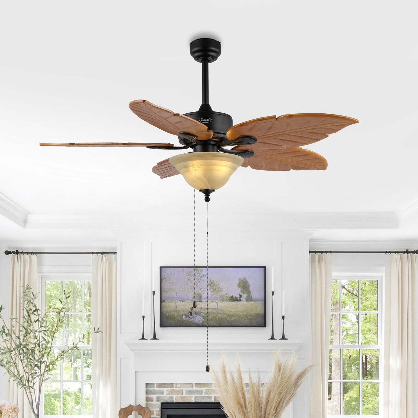 JONATHAN Y 52" Light Brown Coastal Bohemian Palm Leaf LED Ceiling Fan, 3-Light Rustic Wood Blades with Pull Chain for Living Room, Frosted Glass Shade, LED Bulbs Included (JYL9720C)