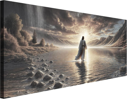 TAILORED CANVASES Jesus Walking on Water Wall Art - Framed Christian Canvas Decor for Home or Church | 48x24