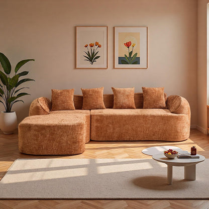 Trygoal L Shaped Compression Sofa, Modular Couch with Curved Armrests & 4 Coordinating Pillows, Modern 101'' Chenille 4 Seater Sofa with Wide Seat for Living Room, Bedroom, No Assembly, Orange