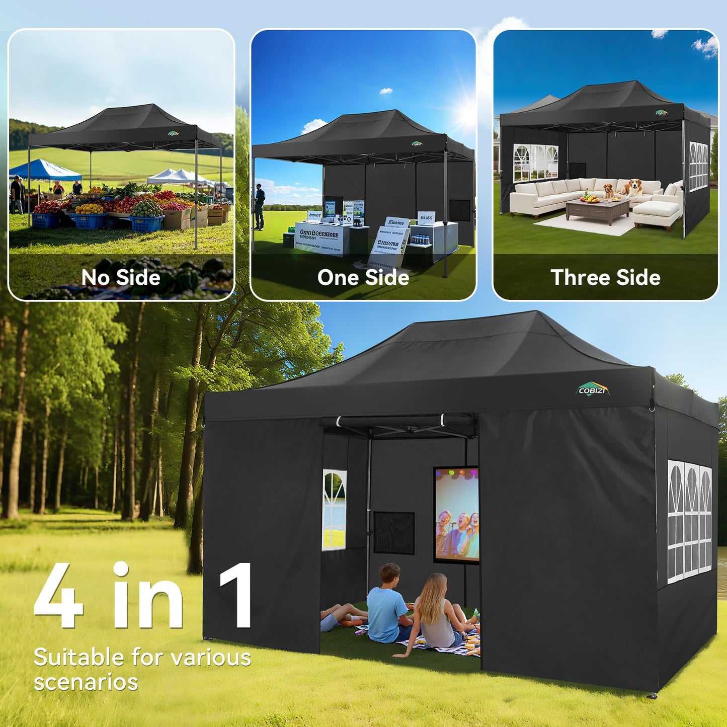 COBIZI 10x15 Pop up Canopy Tent Heavy Duty, Easy Set-up Commercial Outdoor Party Tent, 100% Waterproof Wedding Tents Gazebo, 3 Height Adjustable with Wheeled Bag, Black