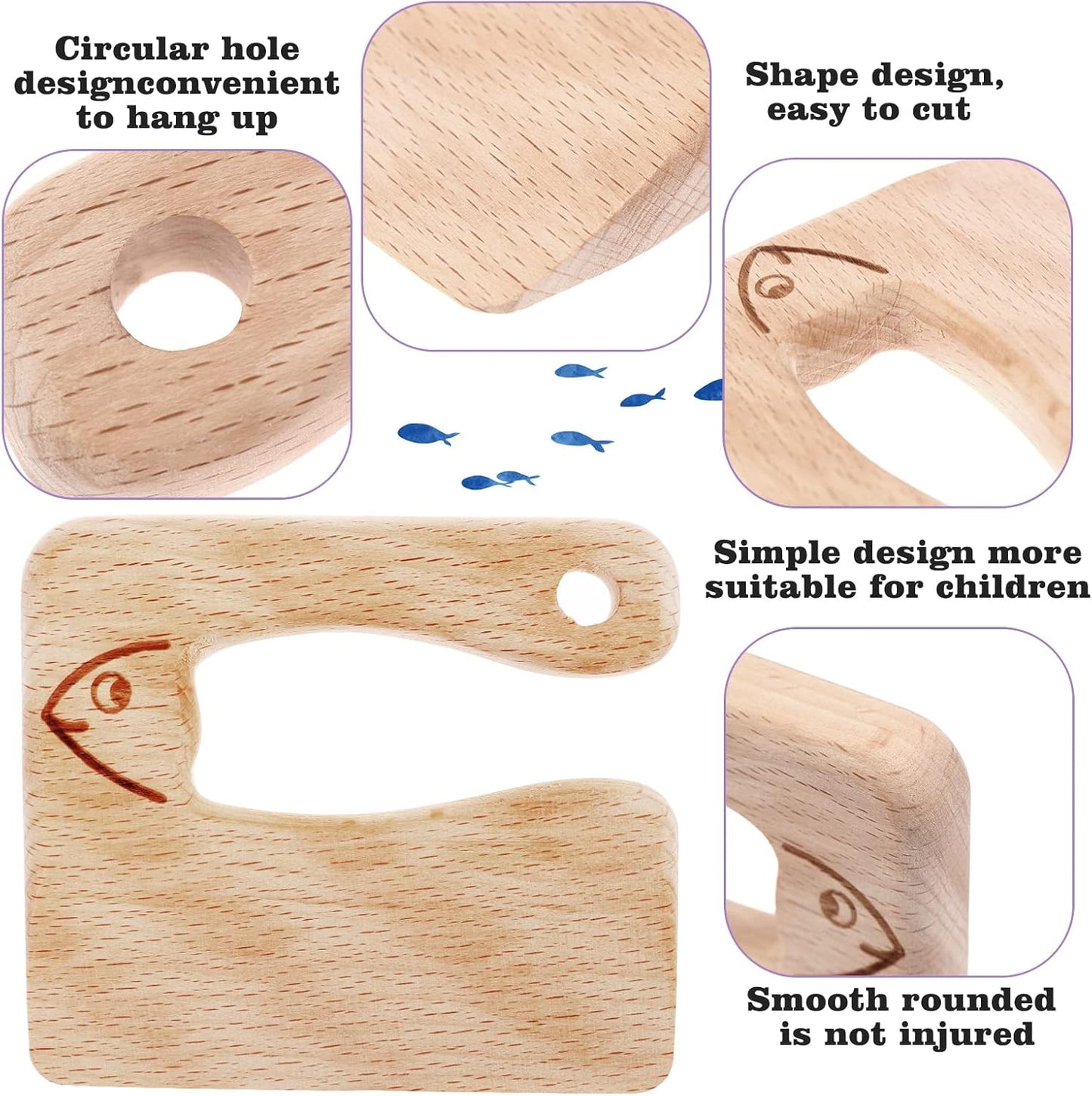 4 Pcs Wooden Kids Knives Cooking Utensils, Safe Knives with Rectangle Cutting Board for Kitchen Cooking