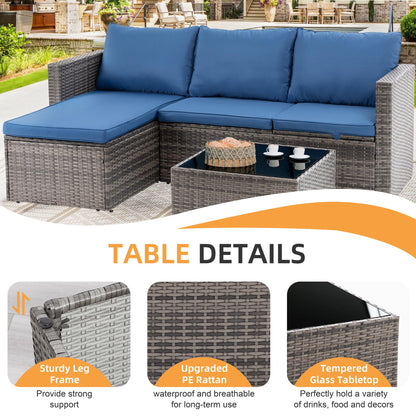 Shintenchi 4 Pieces Patio Furniture Sets, Outdoor Sofa Patio Sectional Sets All Weather, 2-in-1 Wicker Rattan Seating Sofa Couch with Cushions & Coffee Table for Yard, Garden, Porch, Poolside (Blue)