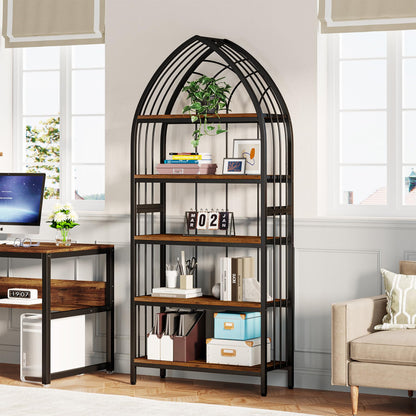 Tribesigns 5-Tier Bookshelf, 74.8-Inch Tall Bookshelf, Industrial Curved Freestanding Display Shelf, Wood Storage Shelves with Metal Frame for Home Office (2, Rustic Brown & Black)
